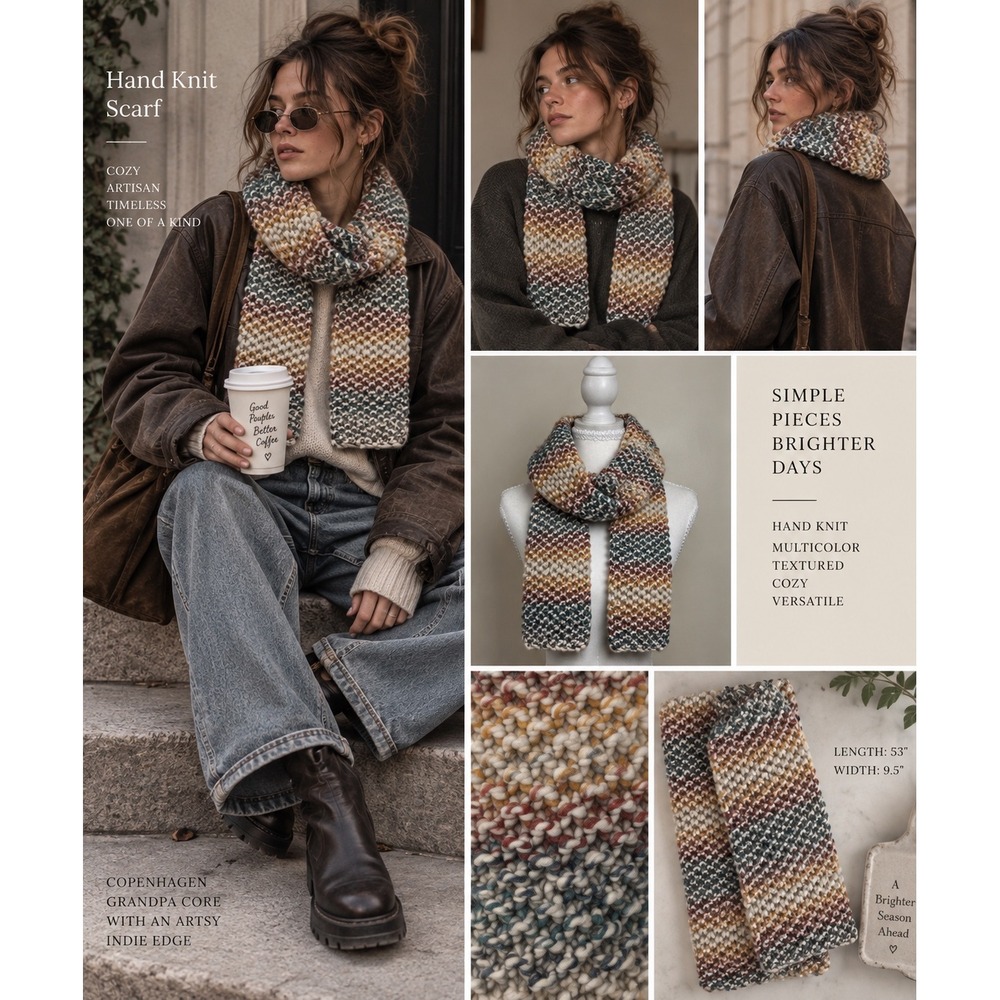Hand Knit Chunky Scarf Multicolor Striped Artisan Grandpacore Indie Boho 53"